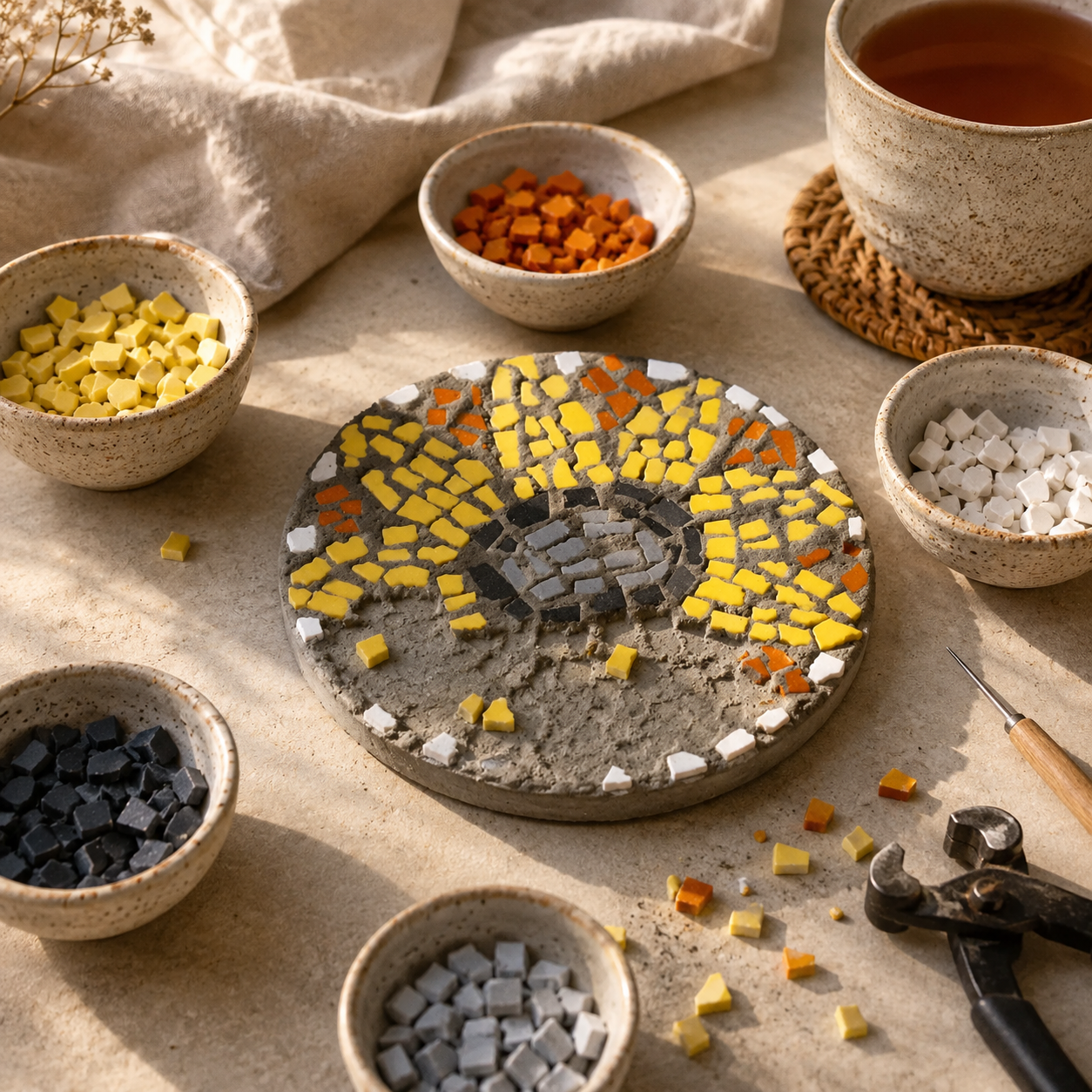 Sunflower Mosaic Coaster DIY Kit – 10cm Round | Beginner-Friendly  | 🌱 Level 1