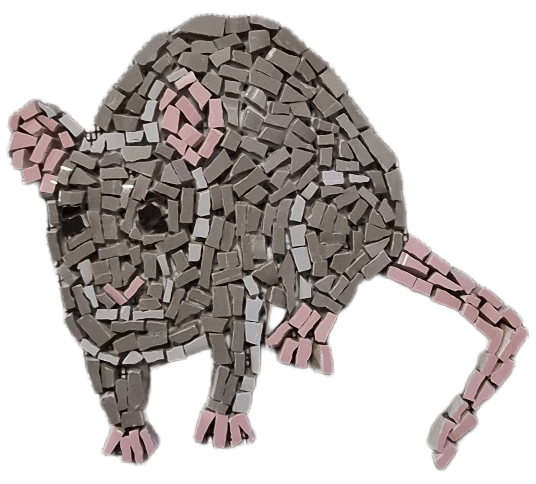 Rat Saying Hello mosaic handcrafted in ceramic tile and mounted on mesh. Featuring a curious little rat with an expressive pose and soft pink accents, this playful piece is full of personality and ready for installation.