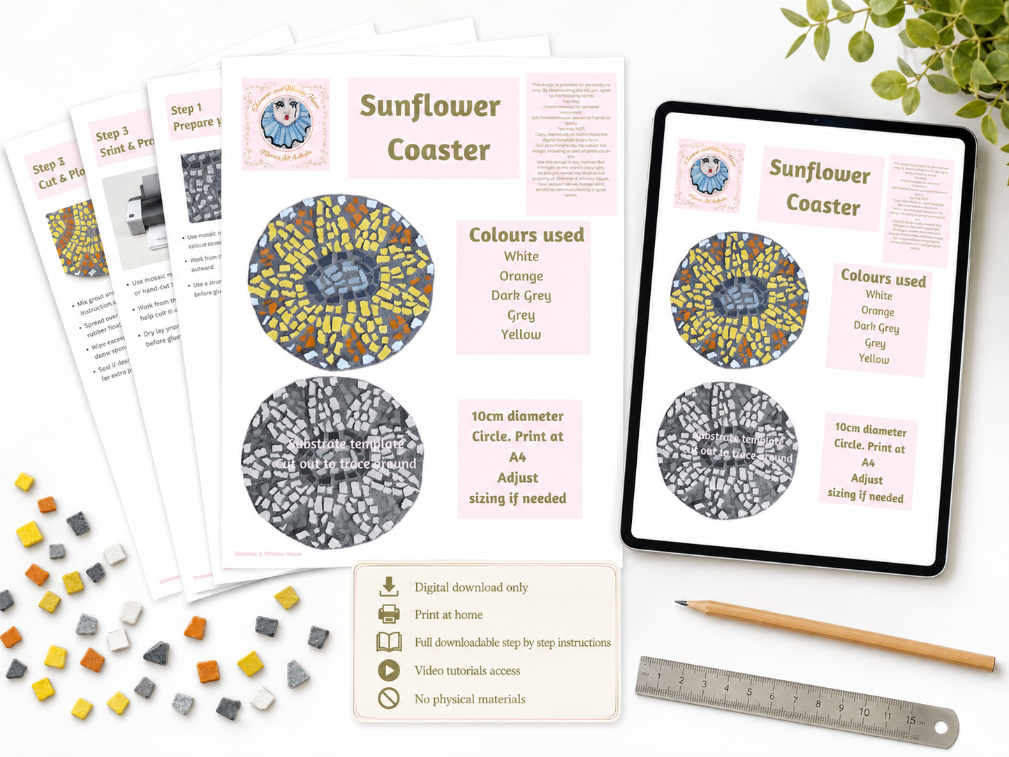 Sunflower Mosaic Coaster DIY Kit – 10cm Round | Beginner-Friendly  | 🌱 Level 1