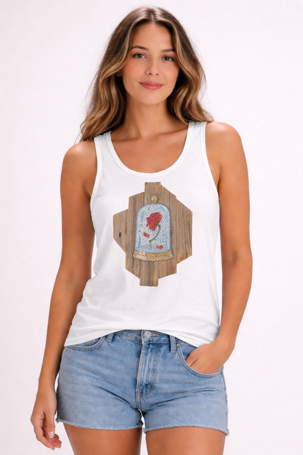 woman wearing a white tank top with the cursed rose mosaic design on the front and the giving message on the back