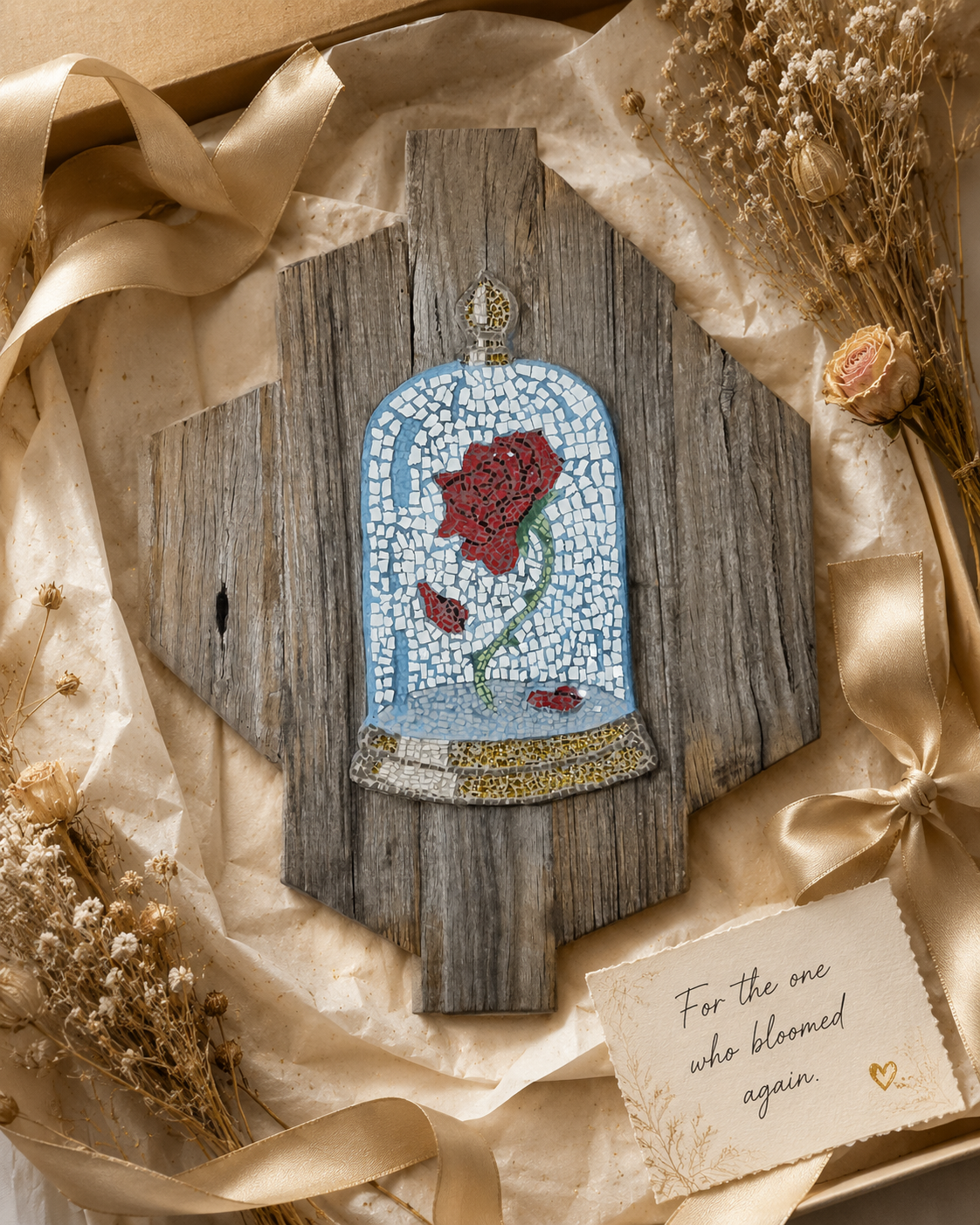 The Cursed Rose Original Mosaic Artwork on Rustic Timber