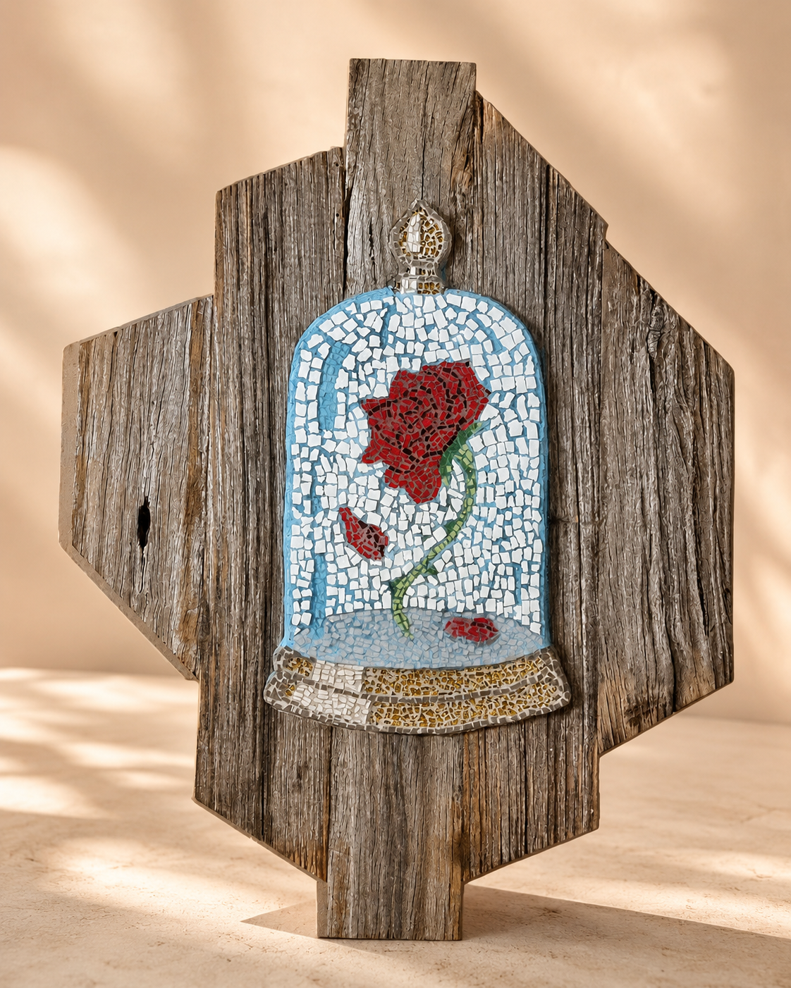 The Cursed Rose Original Mosaic Artwork on Rustic Timber