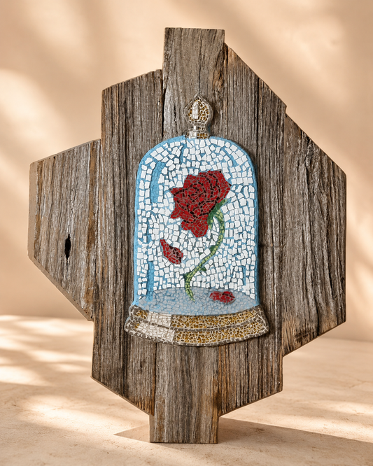 The Cursed Rose Original Mosaic Artwork on Rustic Timber