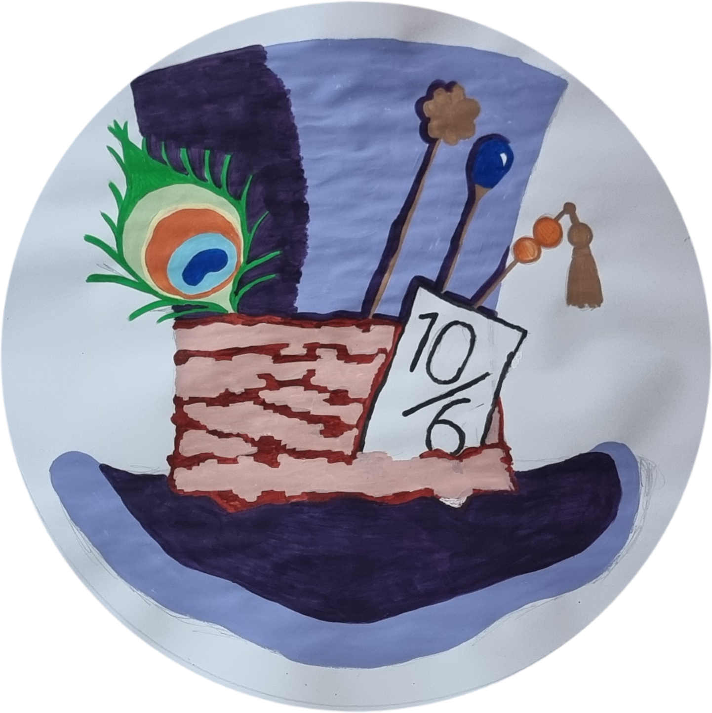 Concept art for the Eccentric Top Hat mosaic, featuring a wildly whimsical character with exaggerated features and a twisting, oversized hat. A bold, surreal design from the Pop Culture Collection, celebrating classic tales and theatrical flair.