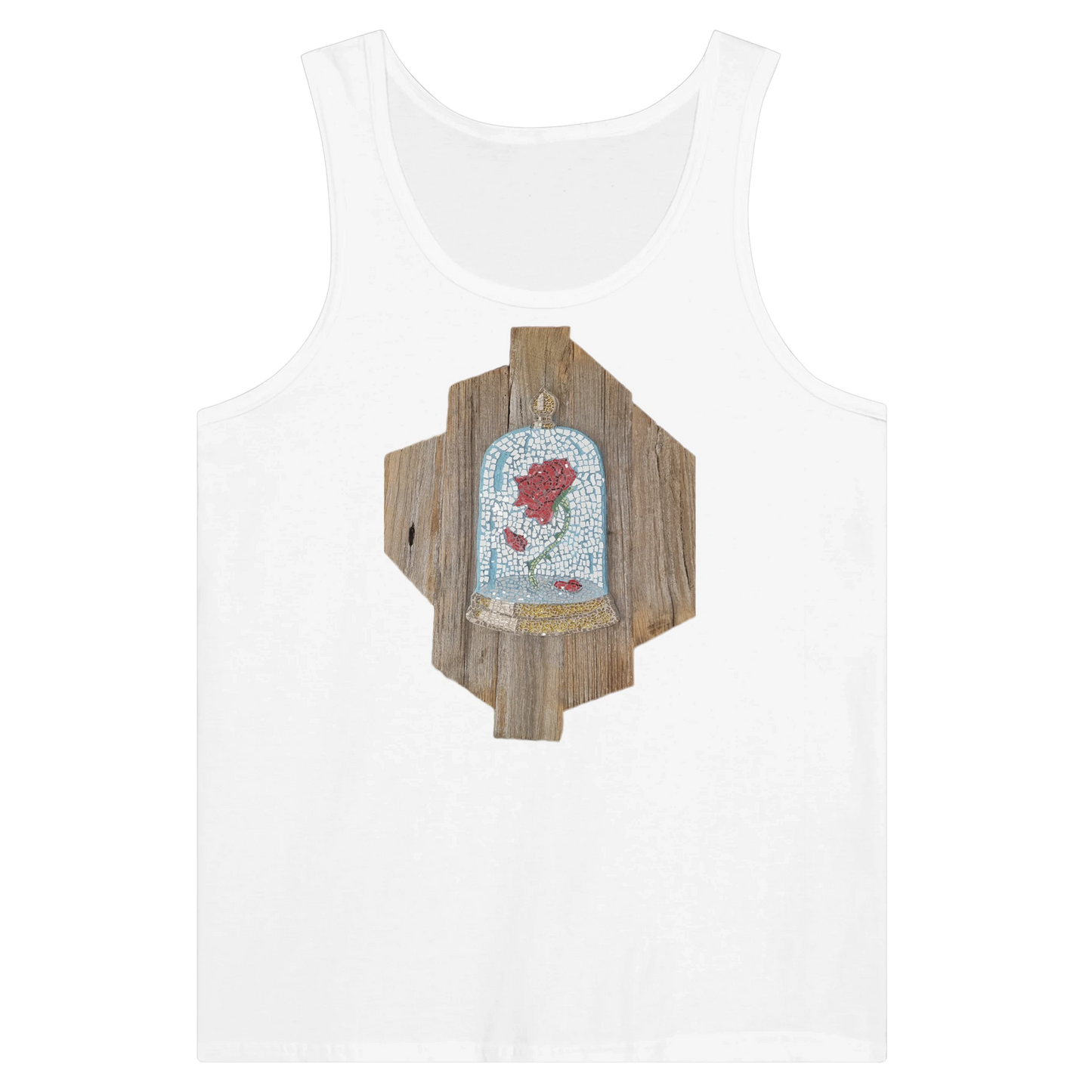 white tank top with cursed rose mosaic design printed on front, unique artistic wearable art