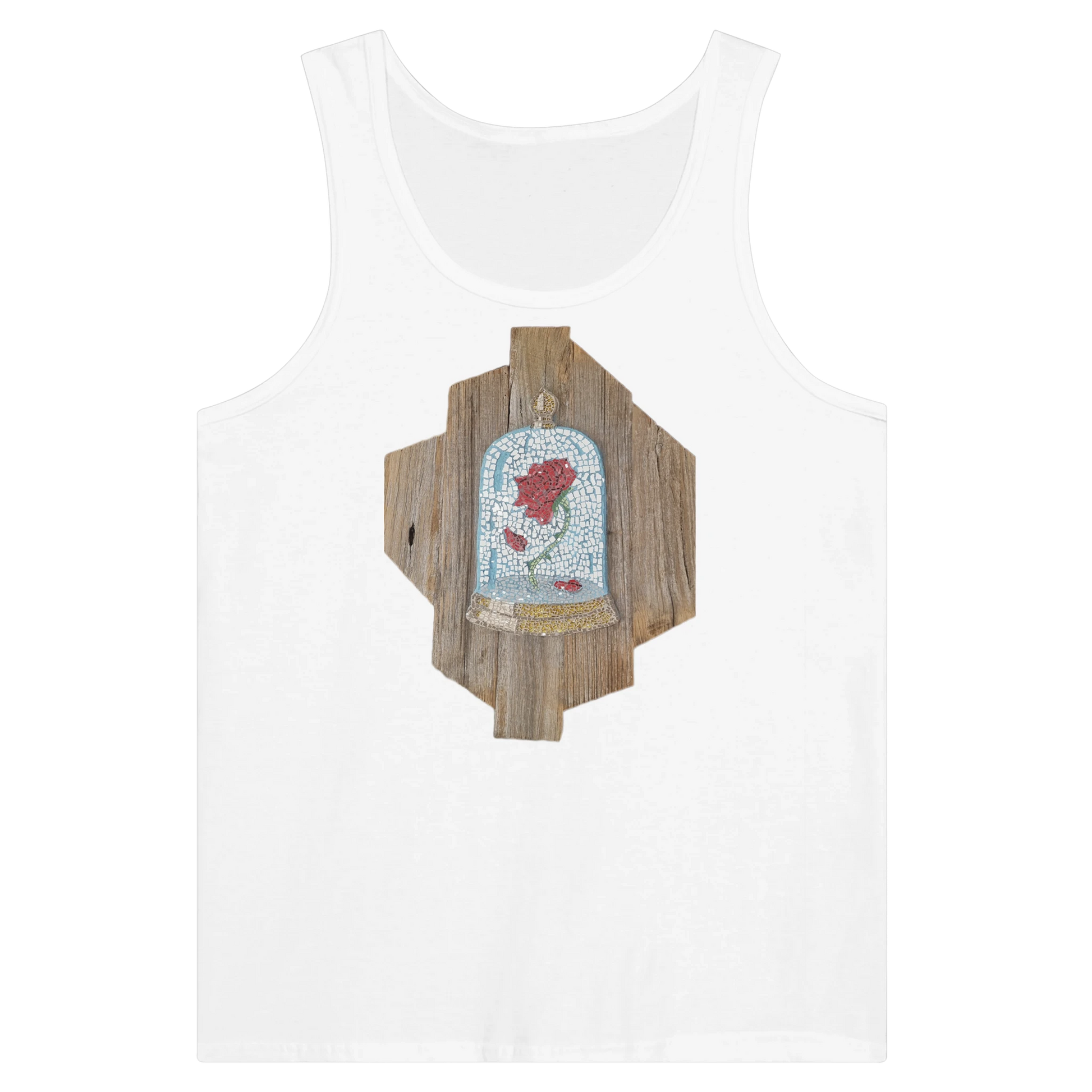 white tank top with cursed rose mosaic design printed on front, unique artistic wearable art