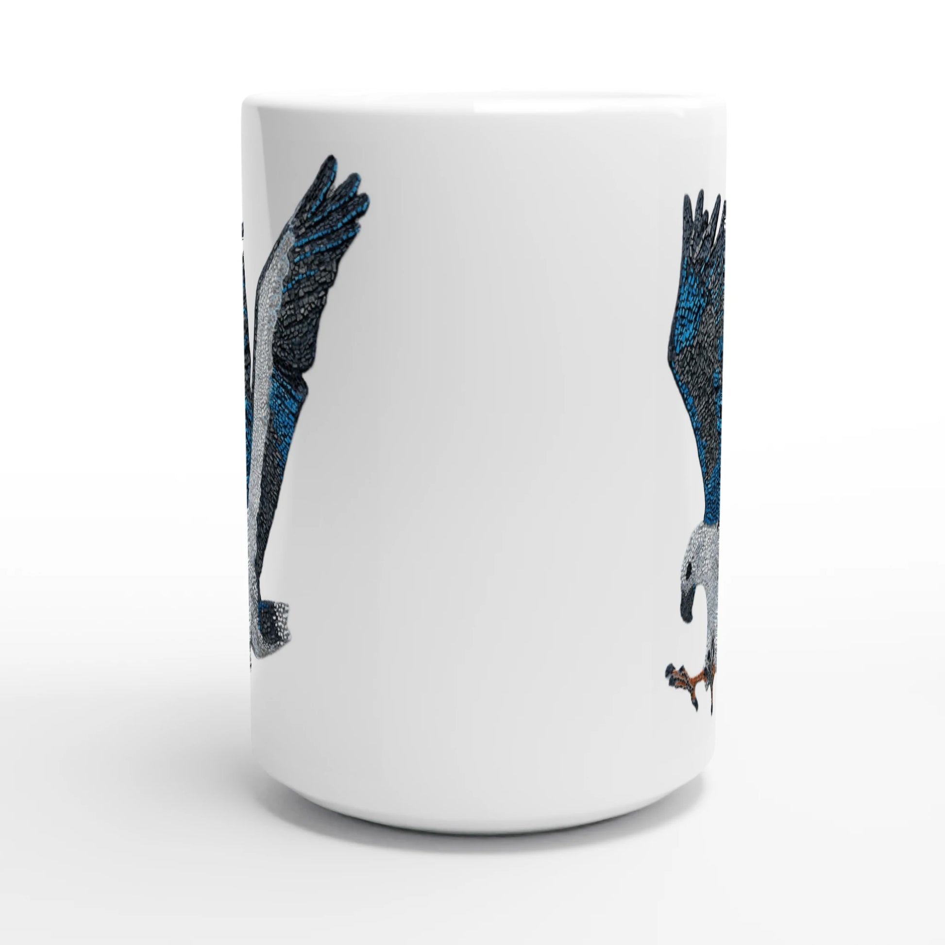 willow the white bellied sea eagle mosaic design printed on a white 15oz ceramic mug with the handle behind 