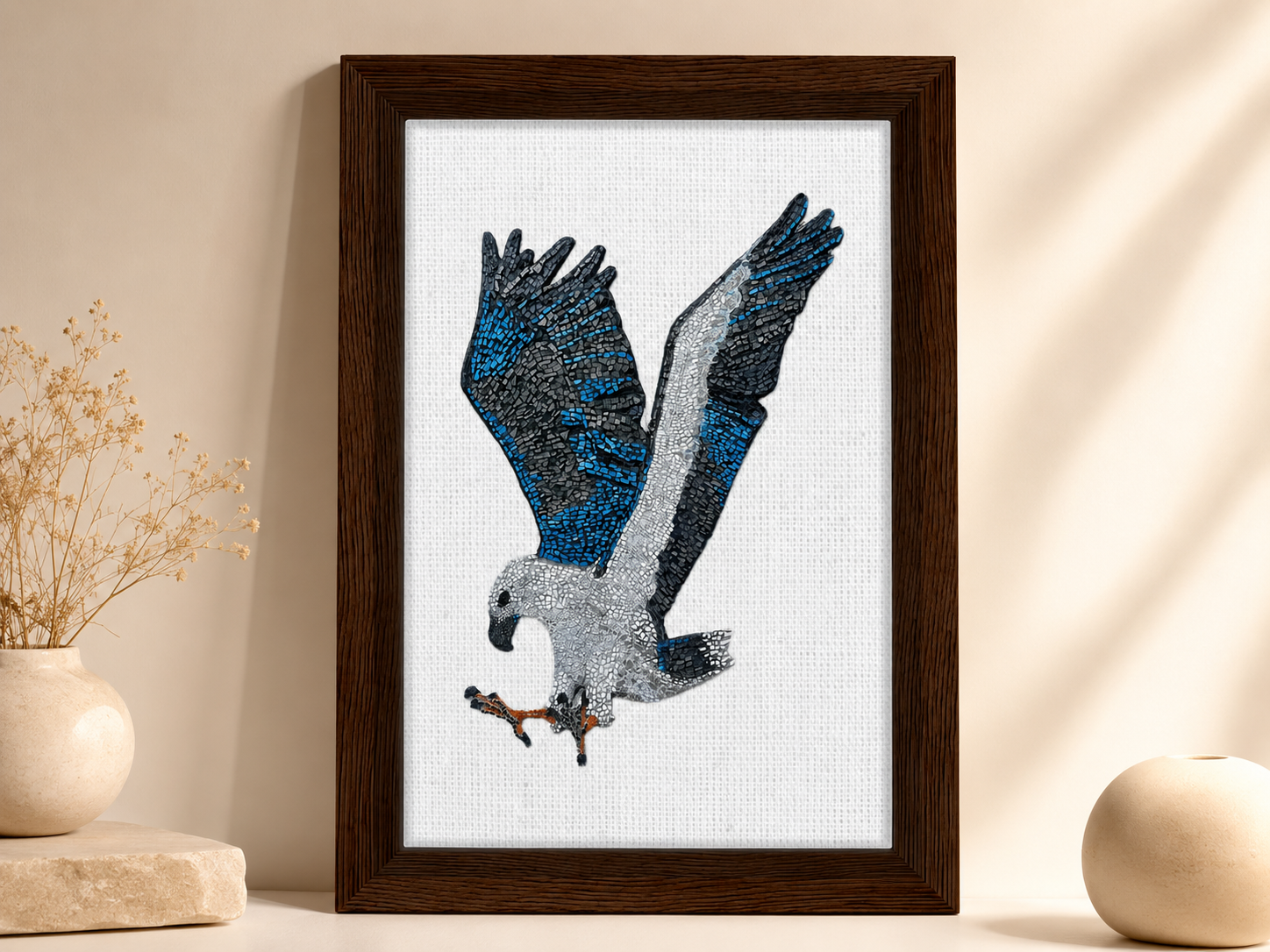willow the white bellied sea eagle mosaic printed on a framed canvas displayed on a shelf