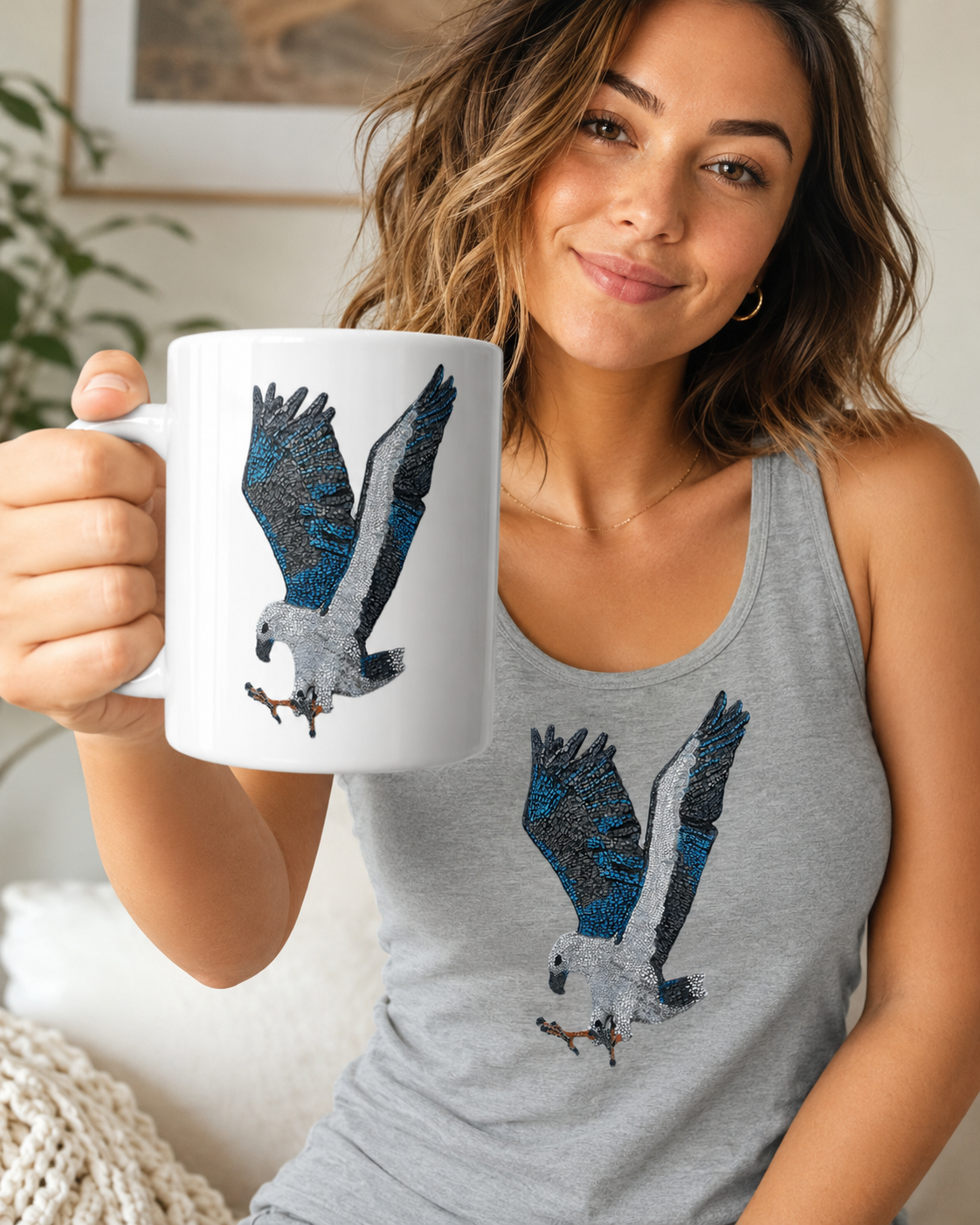 willow the white-bellied sea eagle mosaic on mug and tank top being used by model in an interactive way