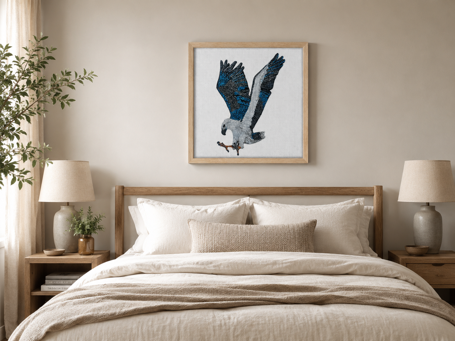 Willow the white-bellied sea eagle mosaic framed canvas statement piece displayed over bed in natural setting 