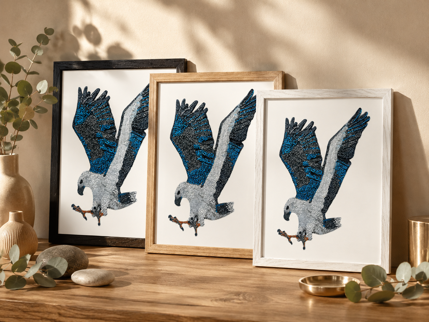 Willow White-bellied Sea Eagle framed poster in oak, ash and black frame options as luxury mosaic-inspired Australian wildlife wall art.