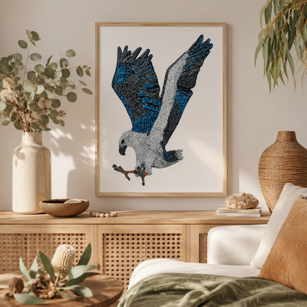 Premium Wooden Framed Poster With Museum-Quality Matte Paper | "Willow" the White-bellied Sea Eagle Mosaic