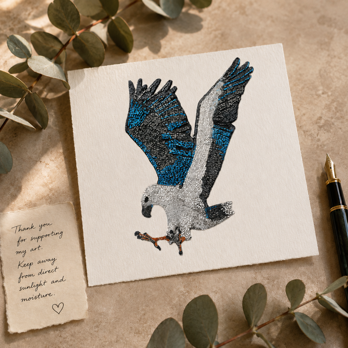Hand-signed Willow White-bellied Sea Eagle collectible artist print with linen texture, inspired by resilience, protection and Australian wildlife conservation.