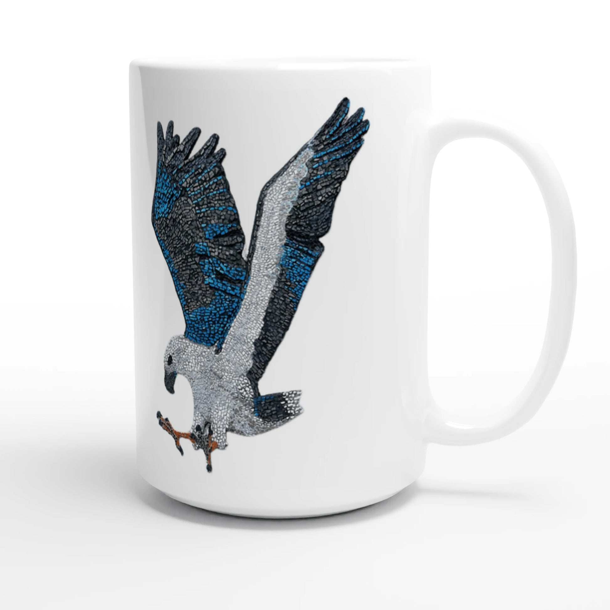willow the white-bellied sea eagle mosaic design printed on the white 15oz ceramic mugs handle facing right