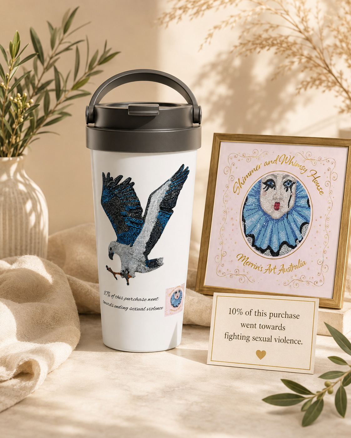 Willow the white-bellied sea eagle mosaic travel mug with 10% of purchase price being donated to fight sexual violence