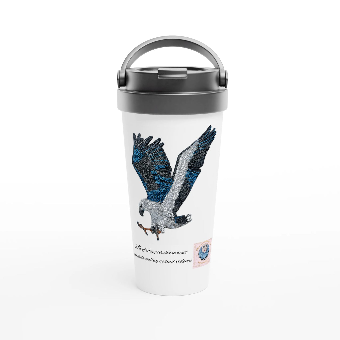Willow the white-bellied sea eagle mosaic on a travel mug hero shot