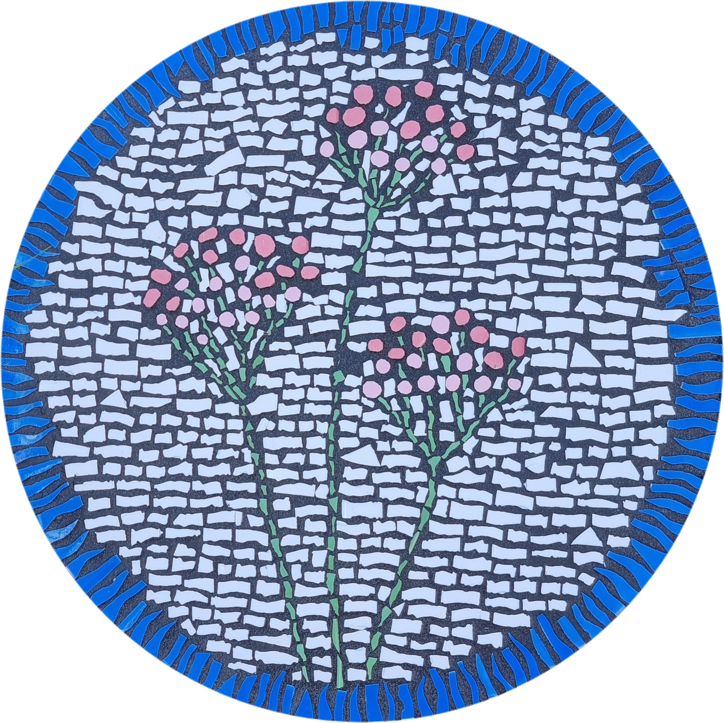 Yarrow Paver mosaic featuring delicate white yarrow flowers made from hand-cut ceramic tile. A serene, nature-inspired piece perfect for gardens, pathways, or outdoor mosaic collections. Handmade mosaics for sale in Sebastopol, Victoria 