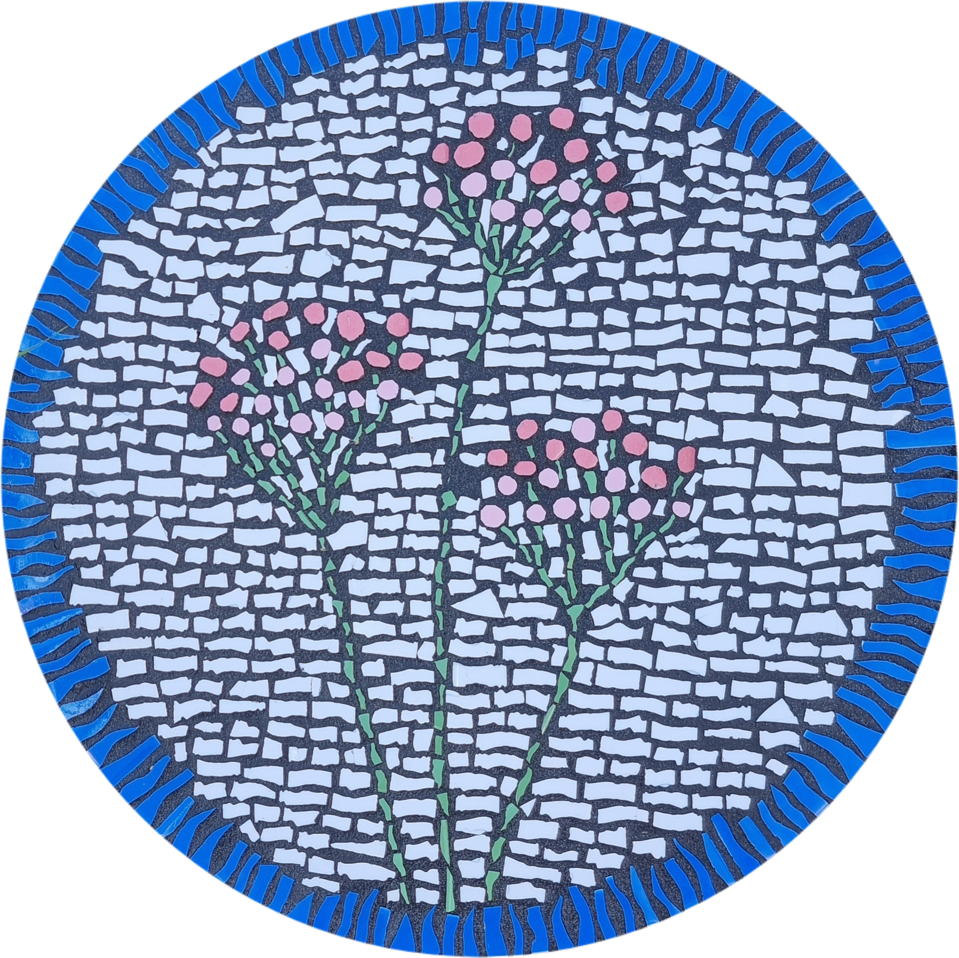 Yarrow Paver mosaic featuring delicate white yarrow flowers made from hand-cut ceramic tile. A serene, nature-inspired piece perfect for gardens, pathways, or outdoor mosaic collections. Handmade mosaics for sale in Sebastopol, Victoria 