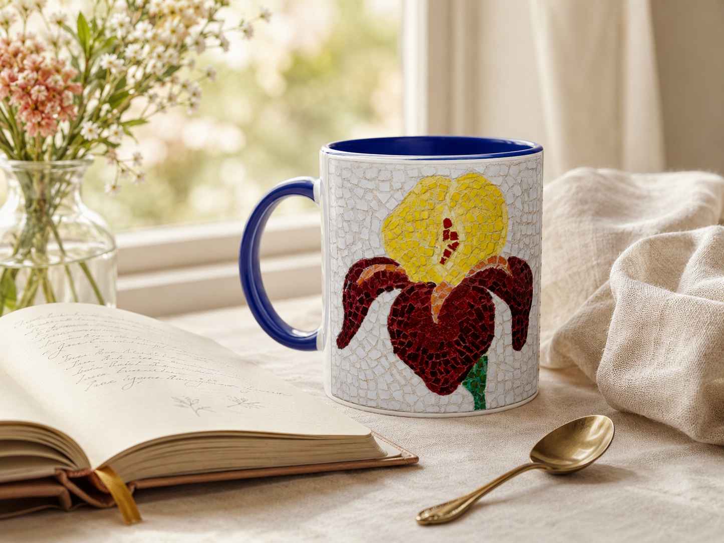 White 11oz Ceramic Mug with Color Inside | Amberflame Iris Flower Mosaic