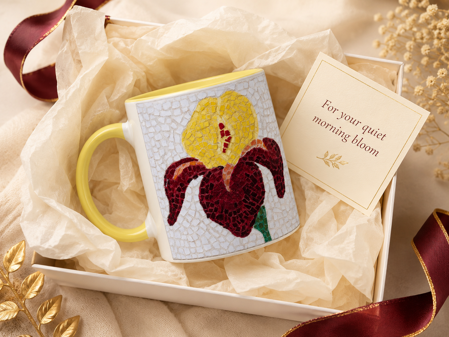 White 11oz Ceramic Mug with Color Inside | Amberflame Iris Flower Mosaic