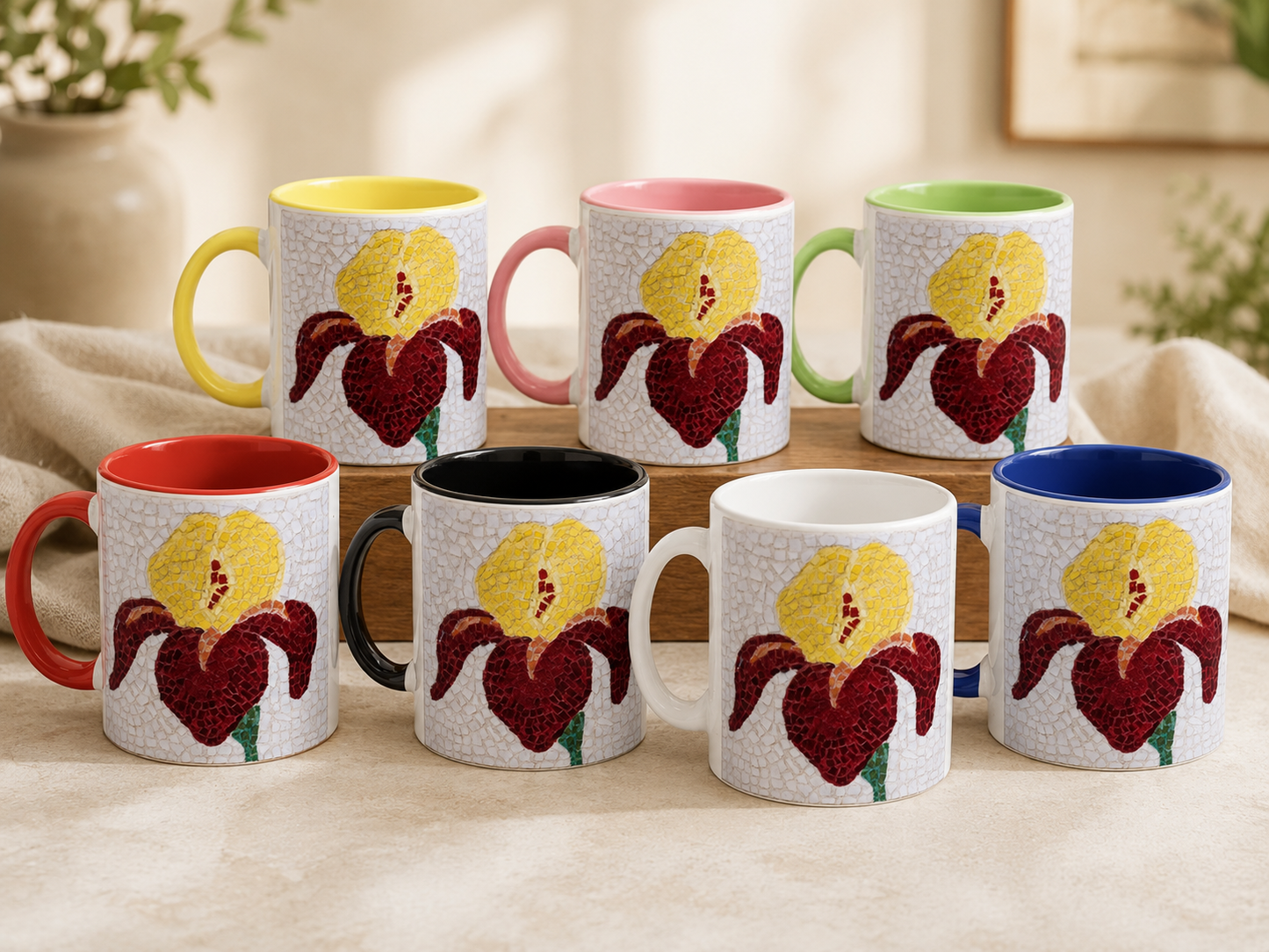 White 11oz Ceramic Mug with Color Inside | Amberflame Iris Flower Mosaic
