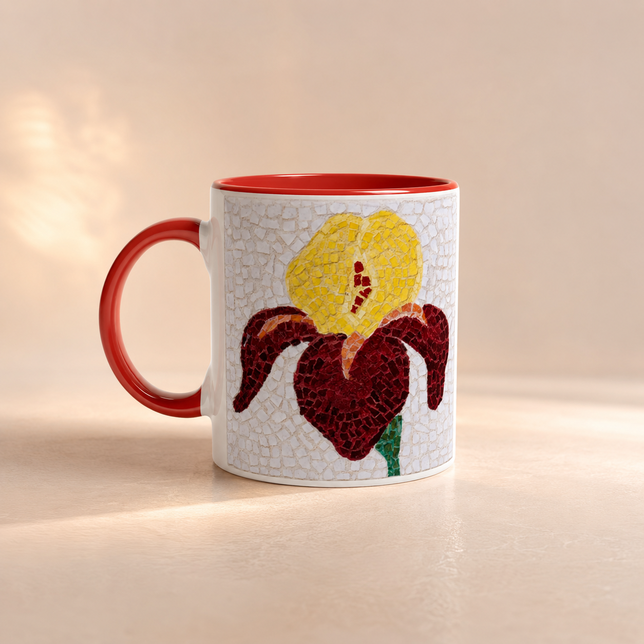 White 11oz Ceramic Mug with Color Inside | Amberflame Iris Flower Mosaic