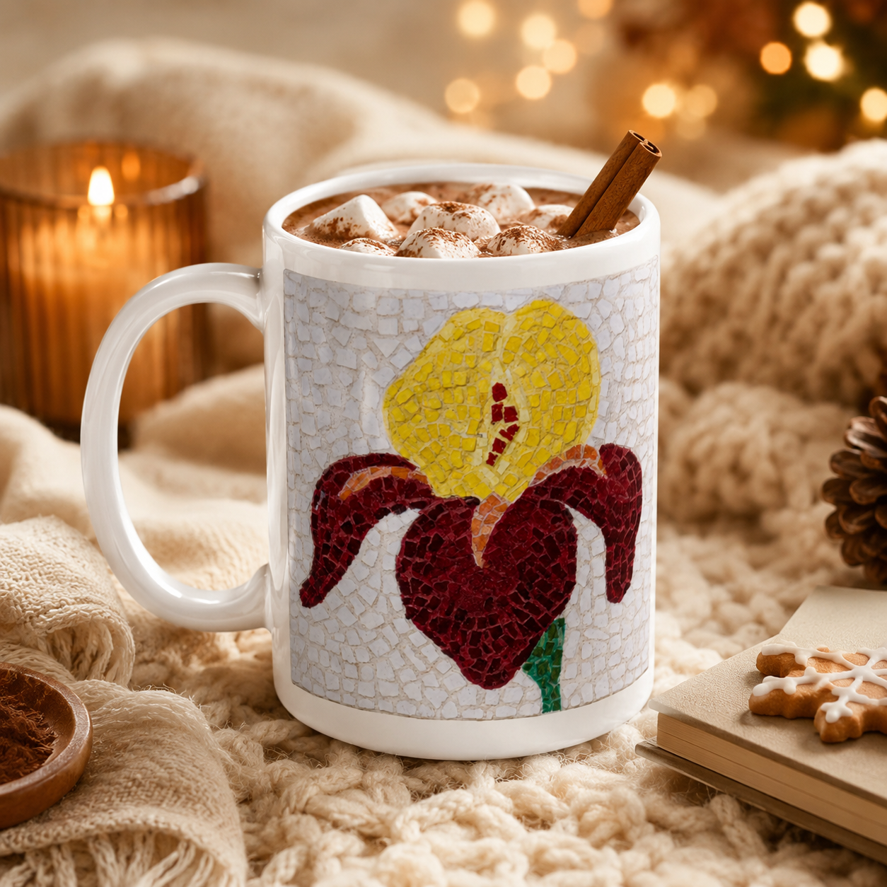 White 15oz Ceramic Mug | Amberflame Iris Flower Mosaic