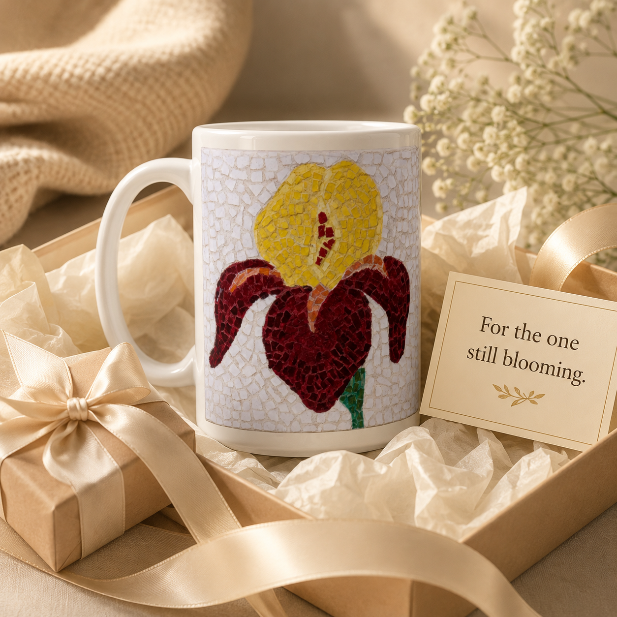 White 15oz Ceramic Mug | Amberflame Iris Flower Mosaic