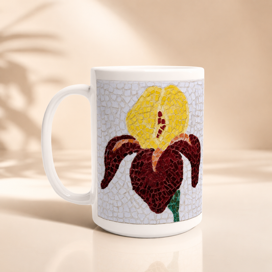 White 15oz Ceramic Mug | Amberflame Iris Flower Mosaic