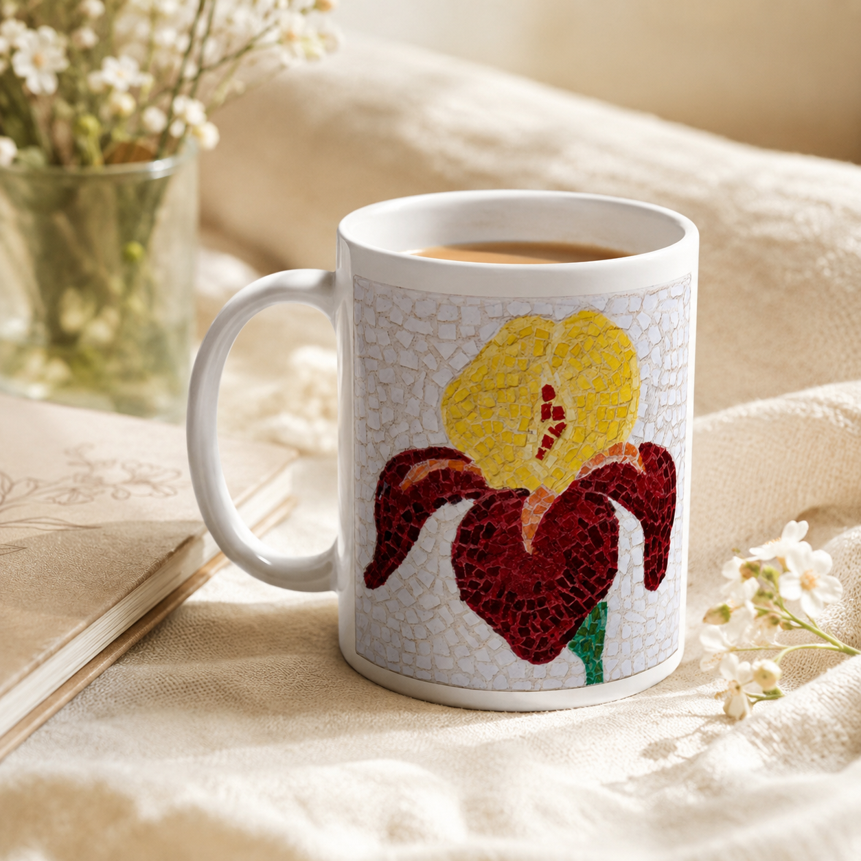 White 15oz Ceramic Mug | Amberflame Iris Flower Mosaic