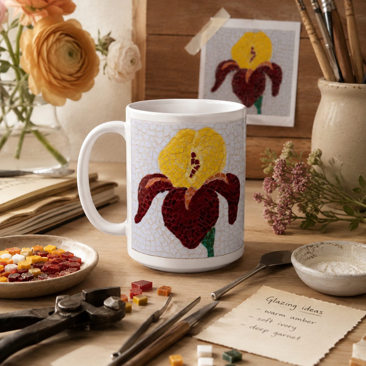 White 15oz Ceramic Mug | Amberflame Iris Flower Mosaic