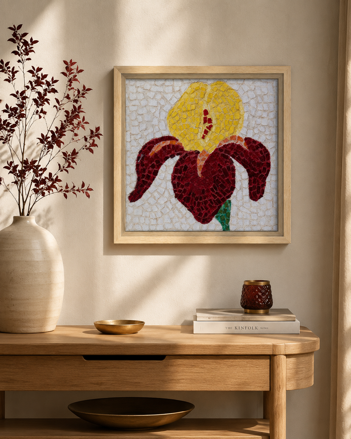 Premium Wooden Framed Poster With Museum-Quality Matte Paper | Amberflame Iris Flower Mosaic