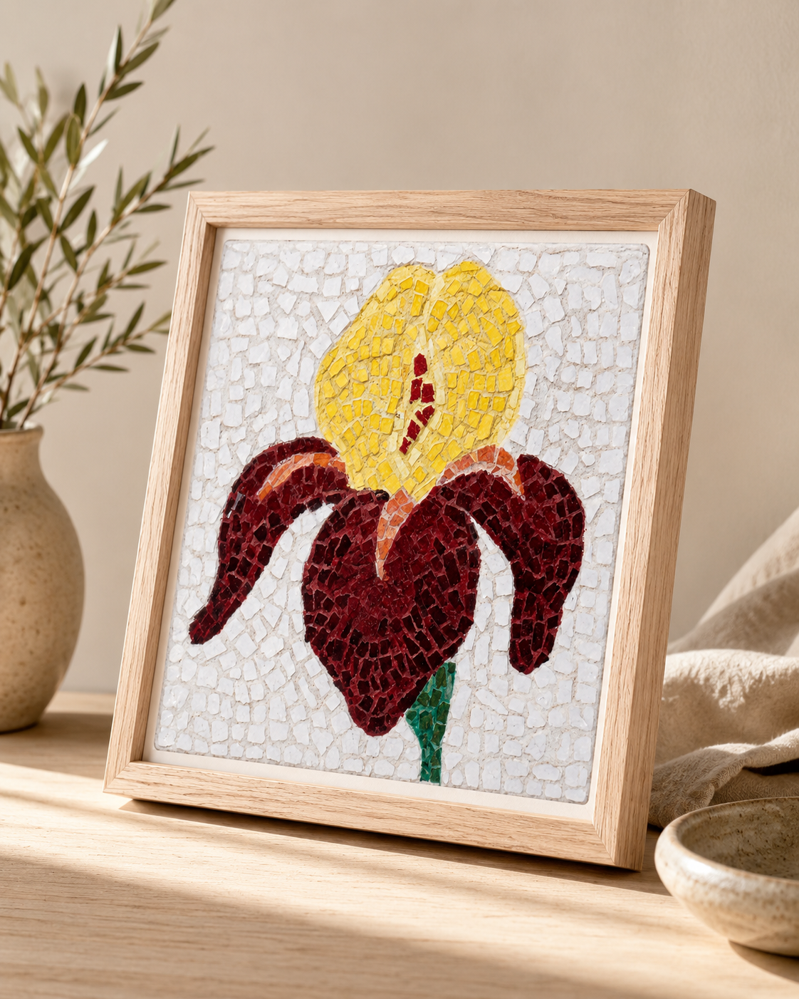 Premium Wooden Framed Poster With Museum-Quality Matte Paper | Amberflame Iris Flower Mosaic