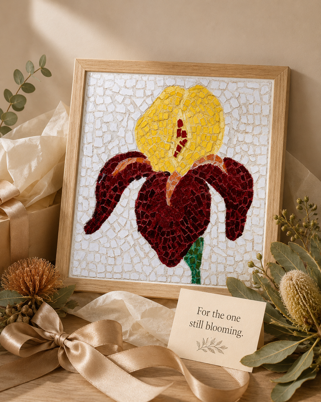Premium Wooden Framed Poster With Museum-Quality Matte Paper | Amberflame Iris Flower Mosaic