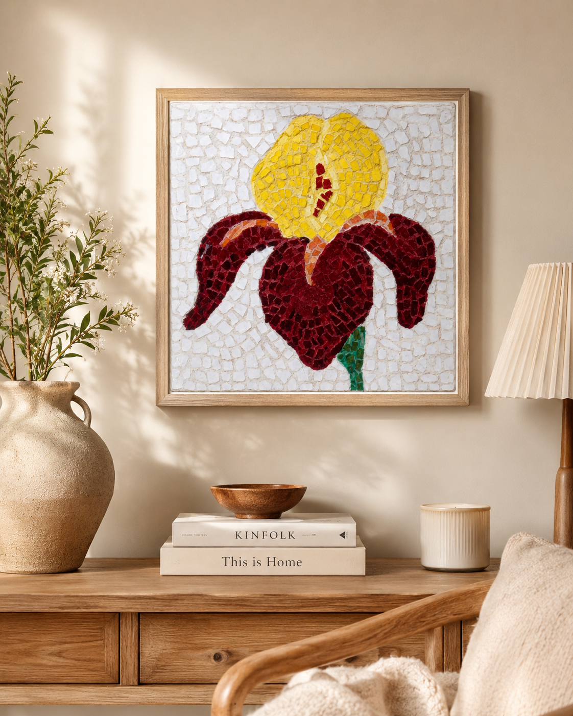 Premium Wooden Framed Poster With Museum-Quality Matte Paper | Amberflame Iris Flower Mosaic