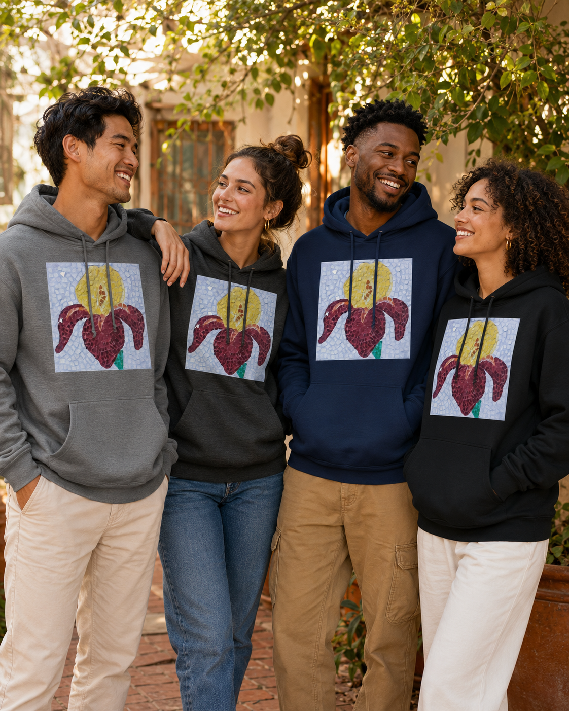 Premium Unisex Pullover Hoodie | Amberflame Iris Flower Mosaic