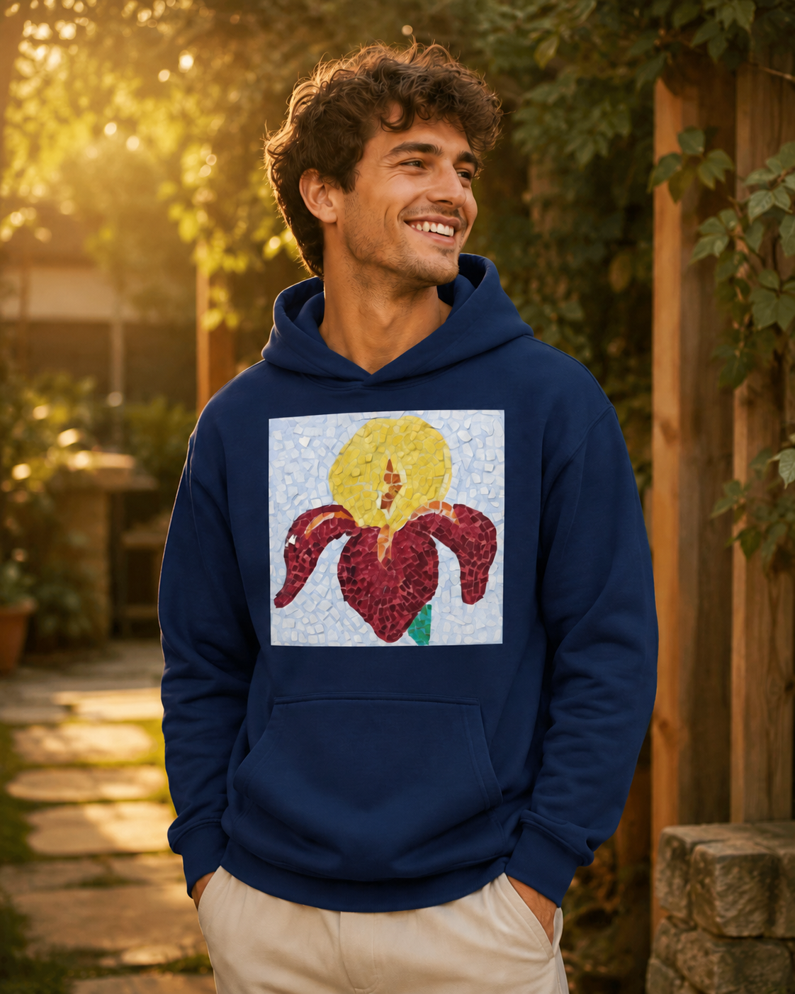 Premium Unisex Pullover Hoodie | Amberflame Iris Flower Mosaic