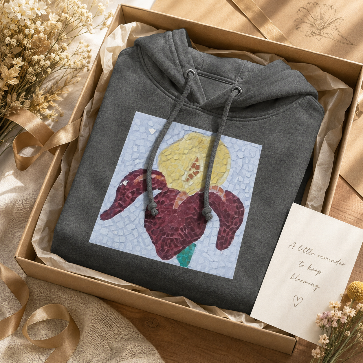 Premium Unisex Pullover Hoodie | Amberflame Iris Flower Mosaic