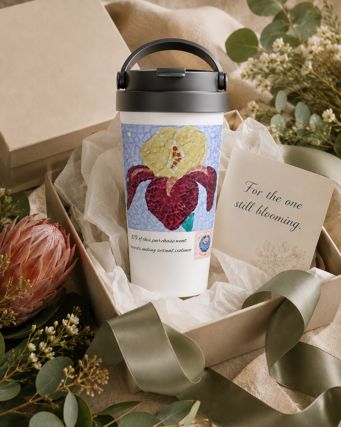 White 15oz Stainless Steel Travel Mug | Amberflame Iris Flower Mosaic