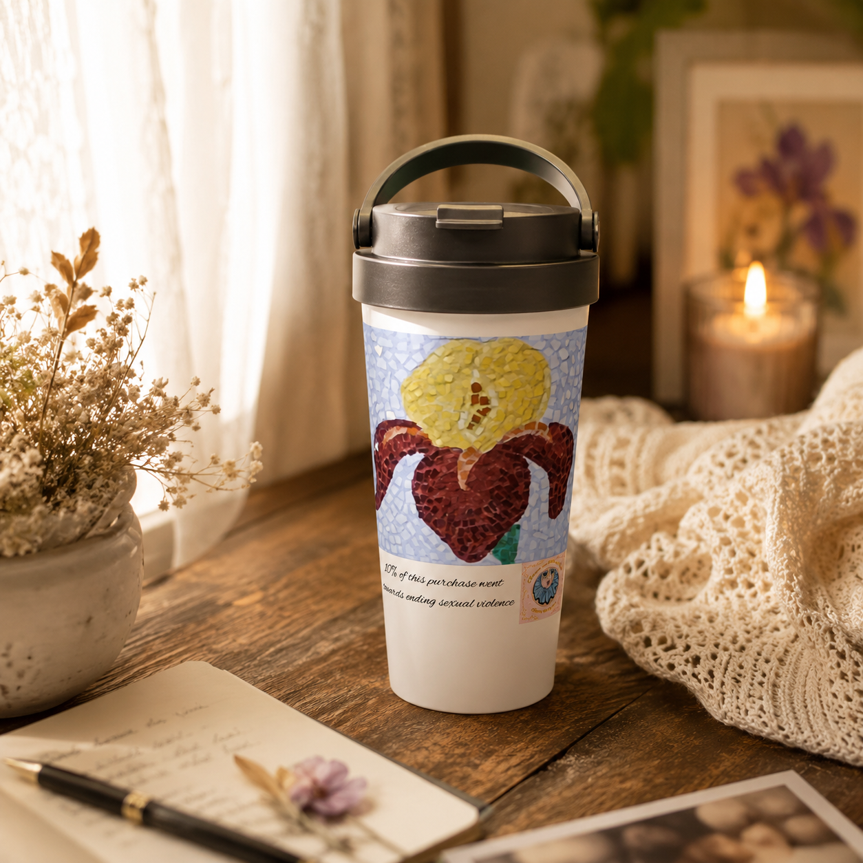 White 15oz Stainless Steel Travel Mug | Amberflame Iris Flower Mosaic