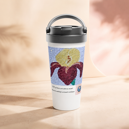 White 15oz Stainless Steel Travel Mug | Amberflame Iris Flower Mosaic