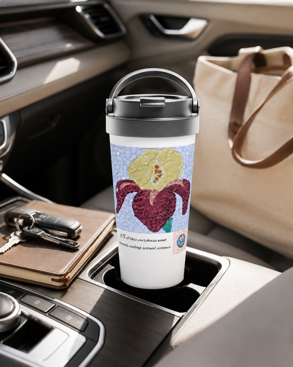 White 15oz Stainless Steel Travel Mug | Amberflame Iris Flower Mosaic