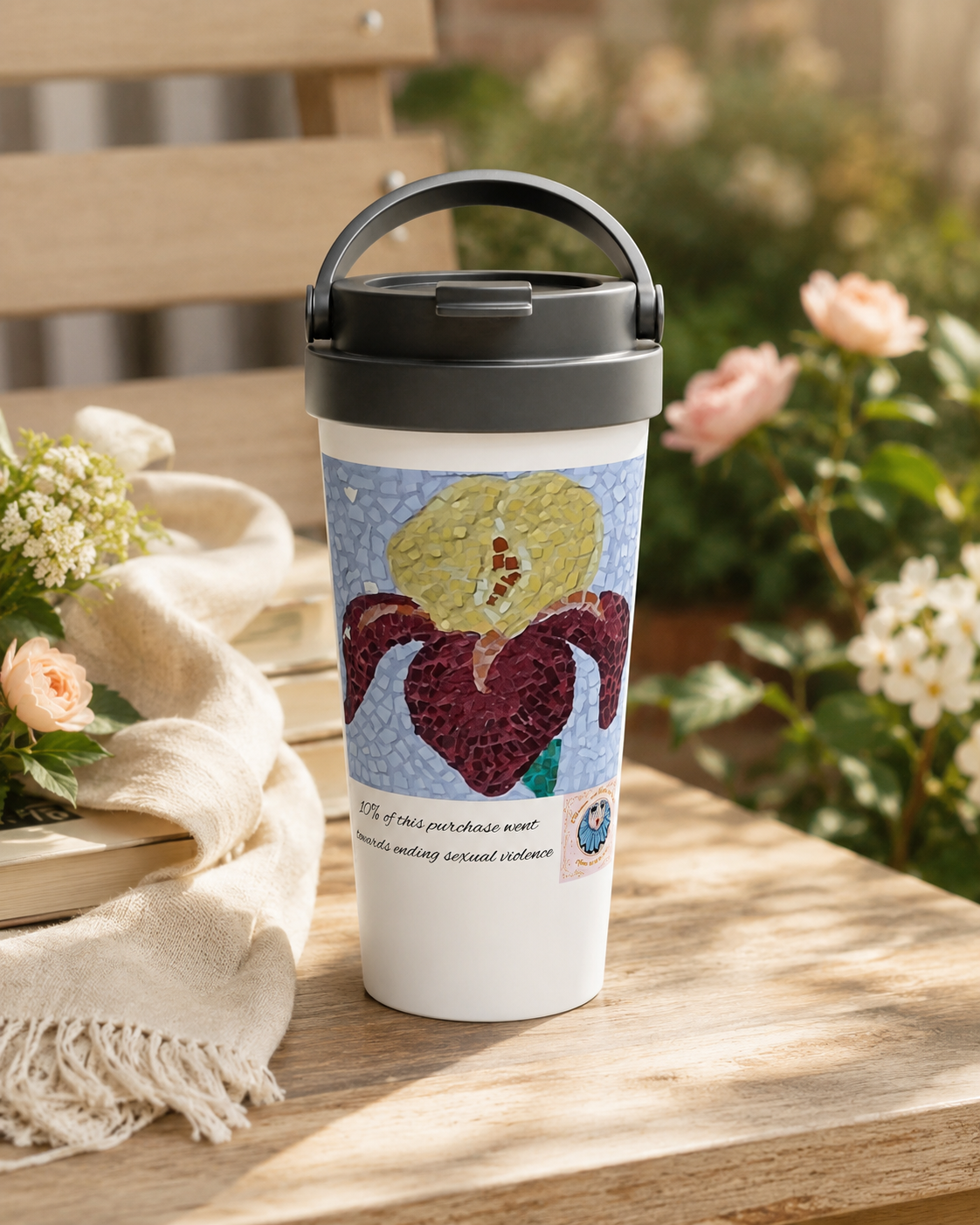 White 15oz Stainless Steel Travel Mug | Amberflame Iris Flower Mosaic