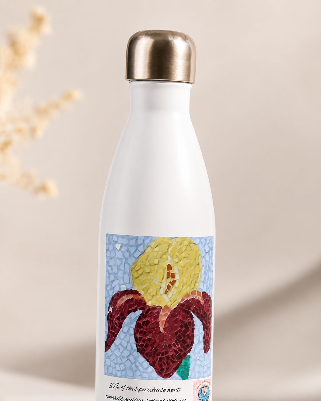 White 17oz Stainless Steel Water Bottle | Amberflame Iris Flower Mosaic