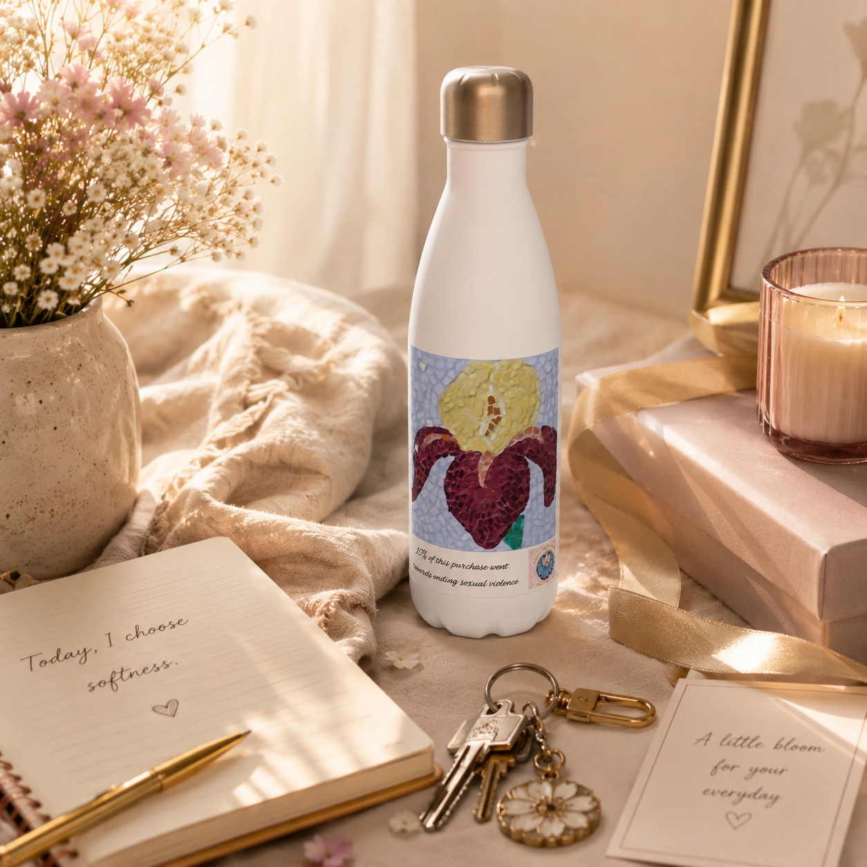 White 17oz Stainless Steel Water Bottle | Amberflame Iris Flower Mosaic