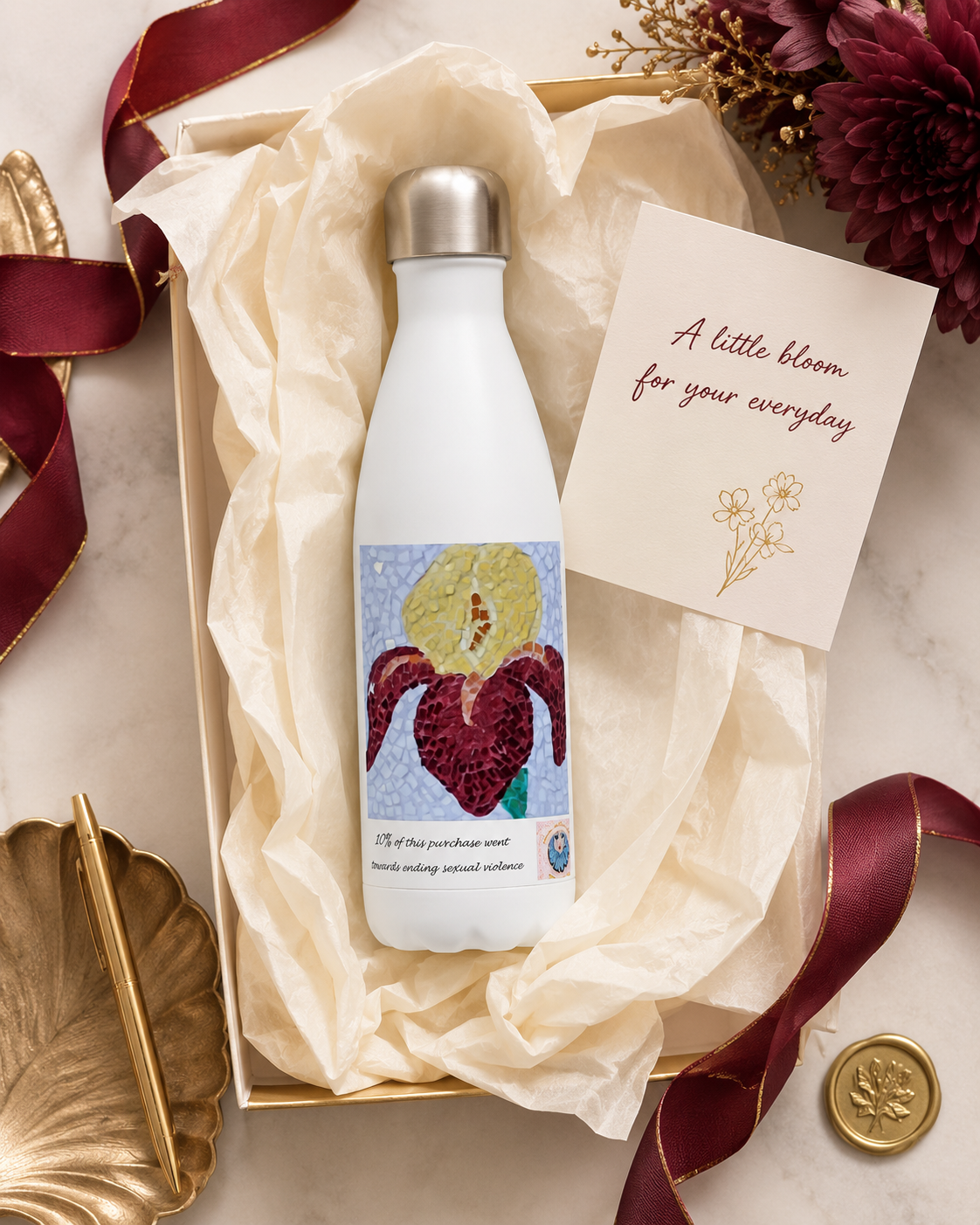 White 17oz Stainless Steel Water Bottle | Amberflame Iris Flower Mosaic