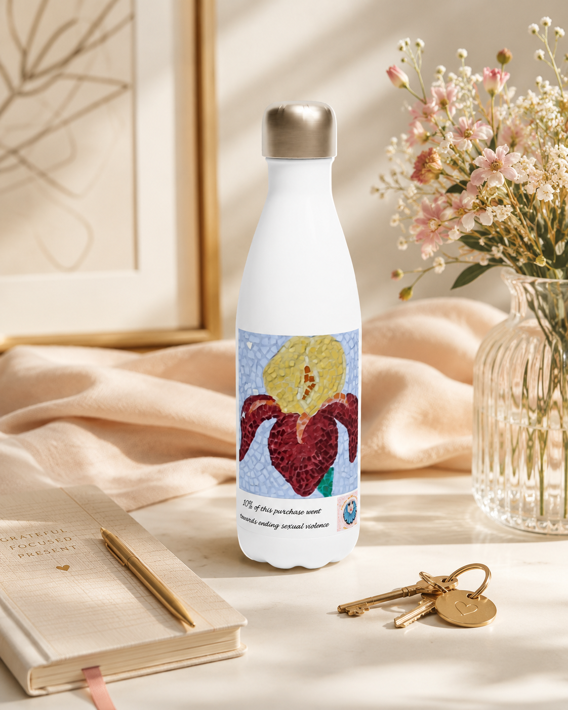 White 17oz Stainless Steel Water Bottle | Amberflame Iris Flower Mosaic