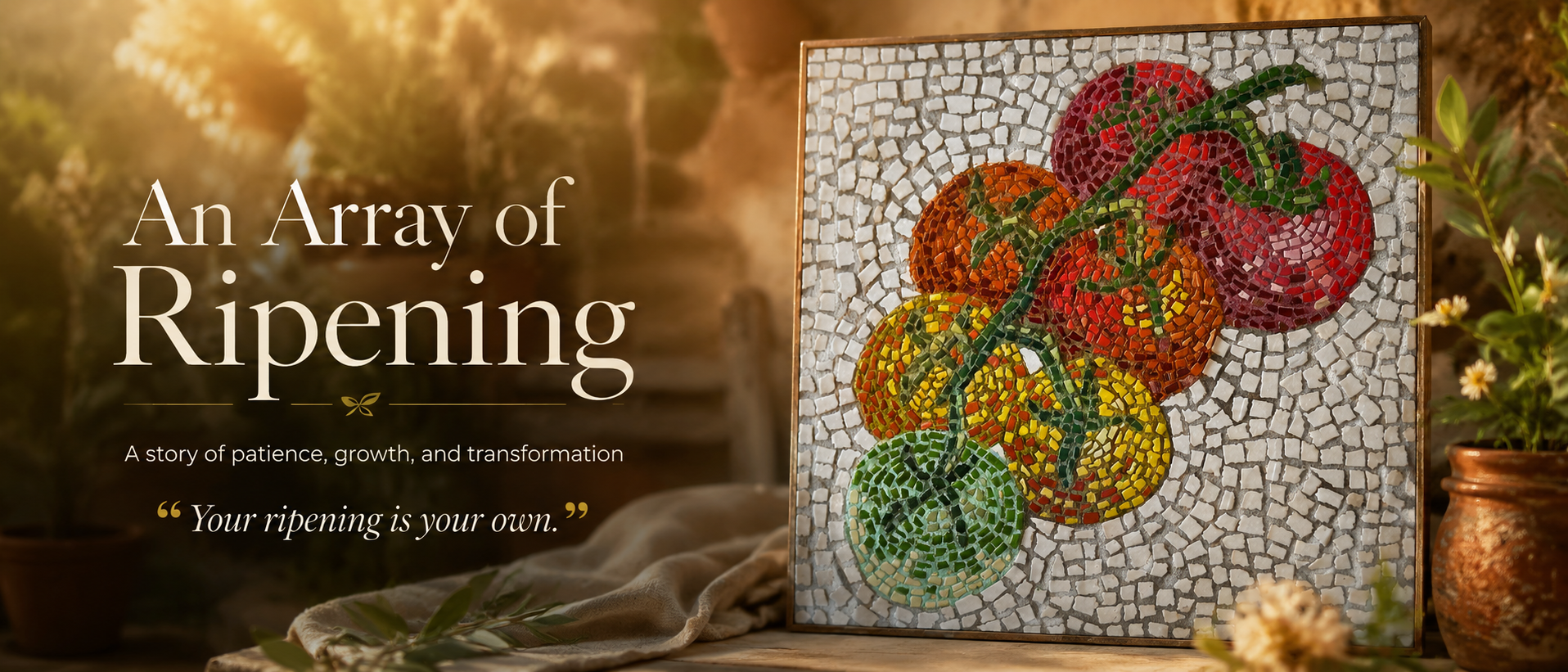 Load video: An Array of Ripening hero image with a detailed cherry tomato mosaic, warm natural light, garden-inspired styling and the message “Your ripening is your own.”