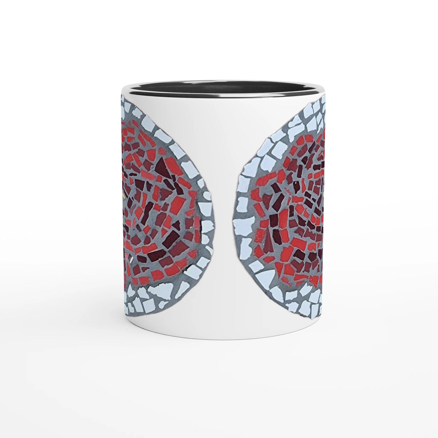 black rimmed cup with handle behind angle with rose coaster mosaic design made in Sebastopol Victoria 