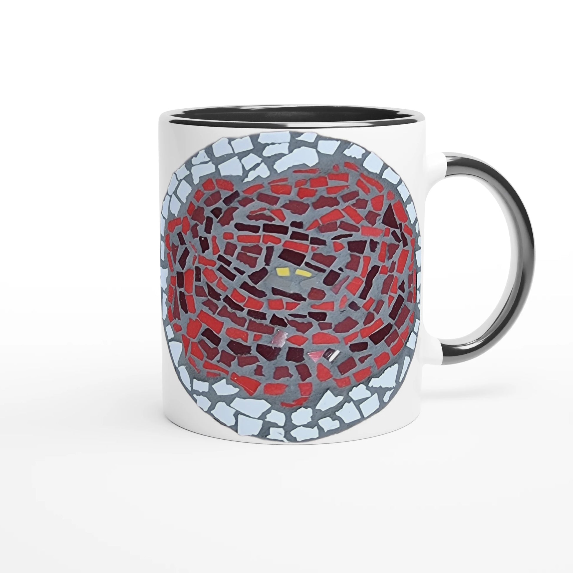 black rimmed mug with handle facing right with rose coaster mosaic design made in Sebastopol Victoria 